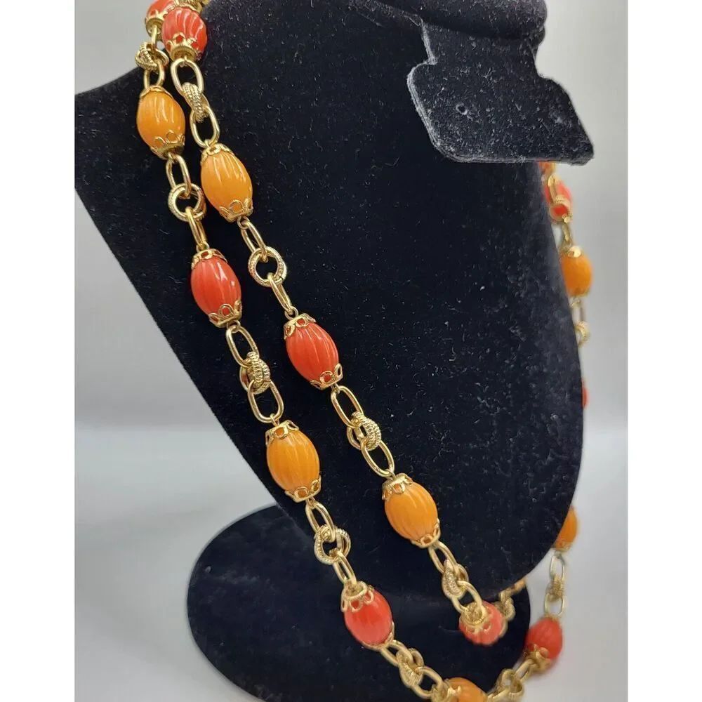 Vintage 60s Orange and Gold Bohemain Chunky Chain Necklace 46in